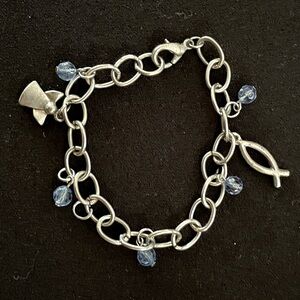 Silver bracelet with angel and fish charms with blue beads